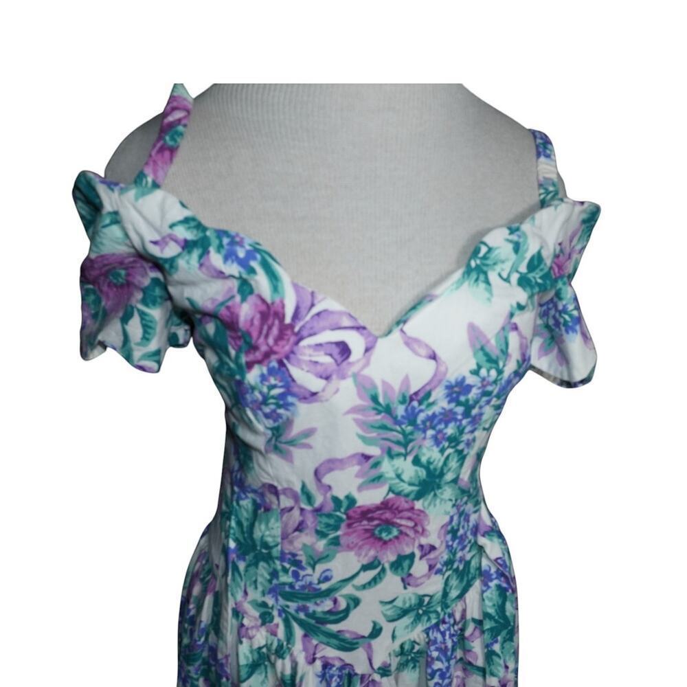 Vintage 80s Expo Petite Cold Shoulder Floral Midi Dress Purple Green Cotton -4 - Picture 3 of 11